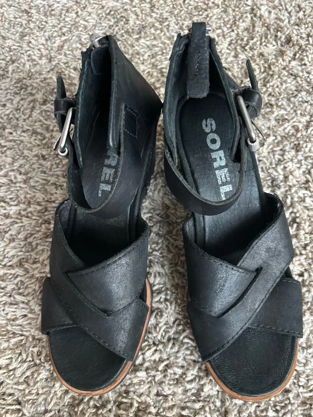 Sorel Black Crisscross Ankle Strap Wedge Sandals Joanne ll